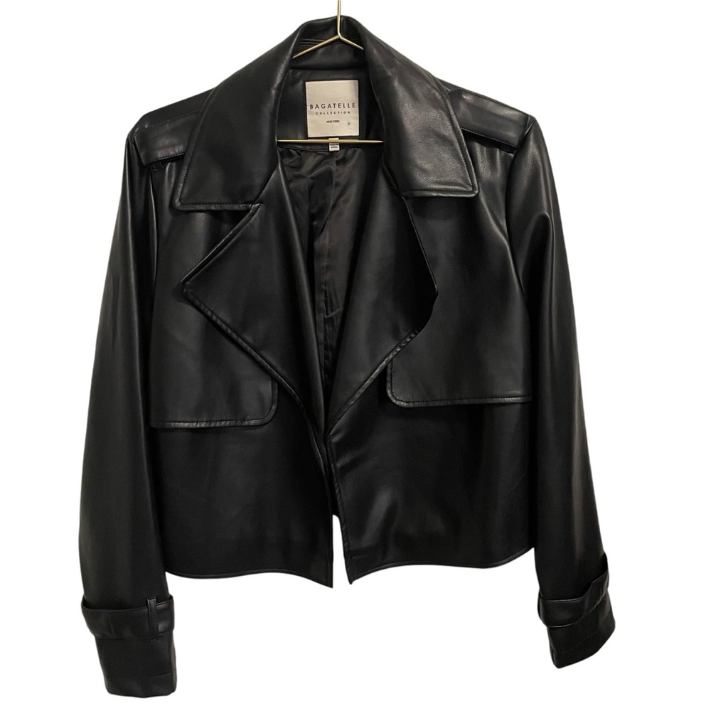 BAGATELLE Collection NY Open Front Draped Black Faux Leather Jacket Size MED